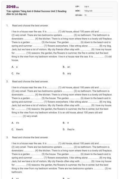 Trắc nghiệm Tiếng Anh 6 Global Success Unit 2 Reading điền từ (có đáp án)