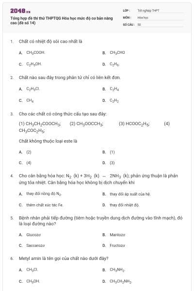 Tổng hợp đề thi thử THPTQG Hóa học mức độ cơ bản nâng cao (đề số 14)
