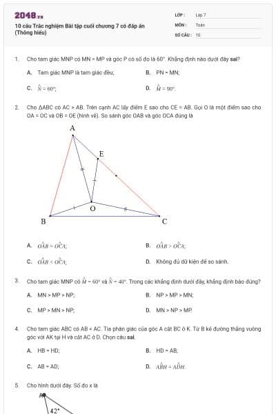 10 câu Trắc nghiệm Bài tập cuối chương 7 có đáp án (Thông hiểu)