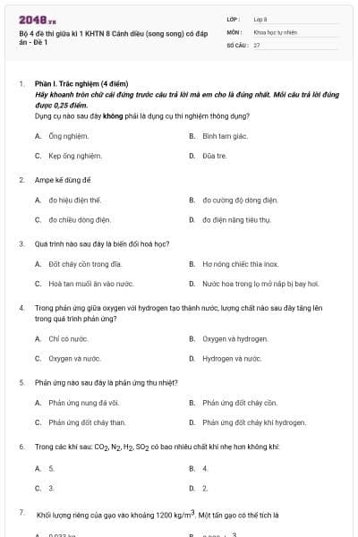Bộ 4 đề thi giữa kì 1 KHTN 8 Cánh diều (song song) có đáp án - Đề 1