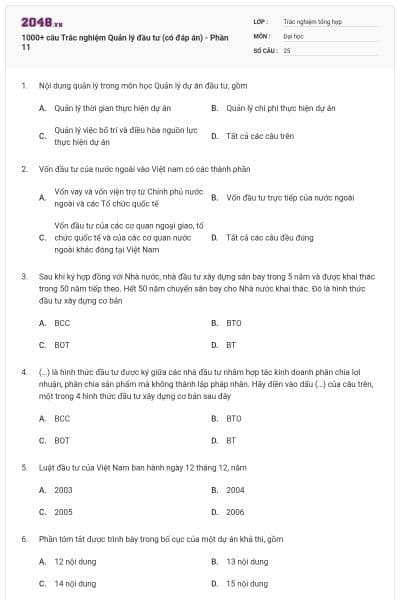1000+ câu Trắc nghiệm Quản lý đầu tư (có đáp án) - Phần 11