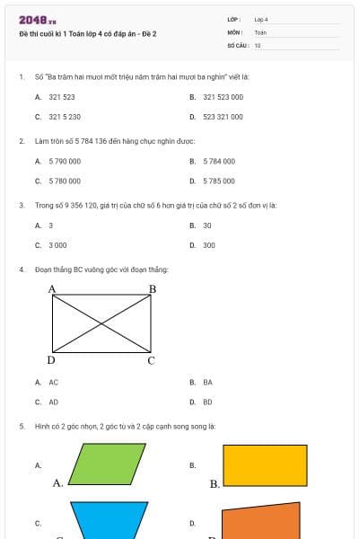 Đề thi cuối kì 1 Toán lớp 4 có đáp án - Đề 2