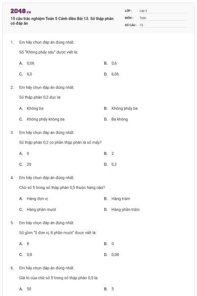 15 câu trắc nghiệm Toán 5 Cánh diều Bài 13. Số thập phân có đáp án