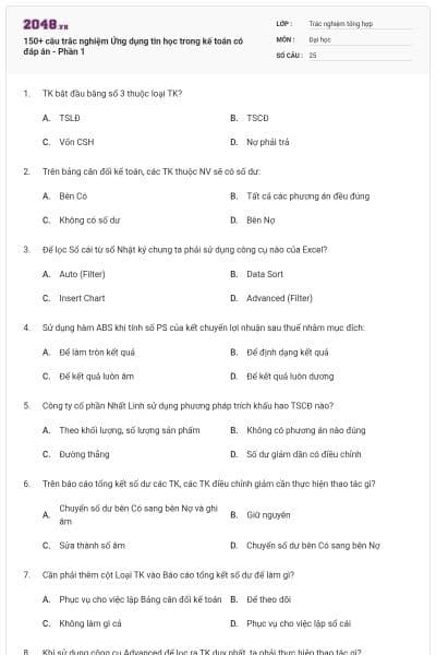 150+ câu trắc nghiệm Ứng dụng tin học trong kế toán có đáp án - Phần 1