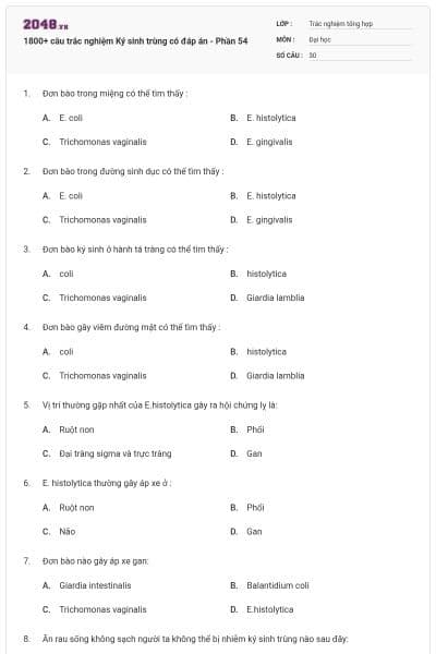 1800+ câu trắc nghiệm Ký sinh trùng có đáp án - Phần 54