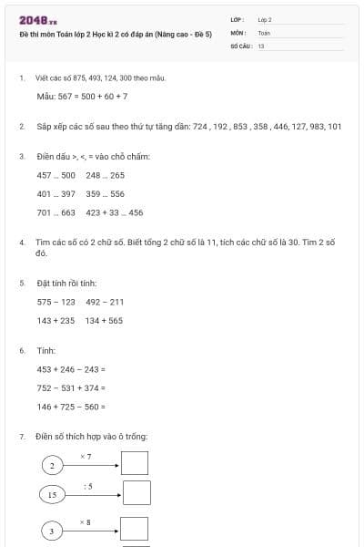 Đề thi môn Toán lớp 2 Học kì 2 có đáp án (Nâng cao - Đề 5)