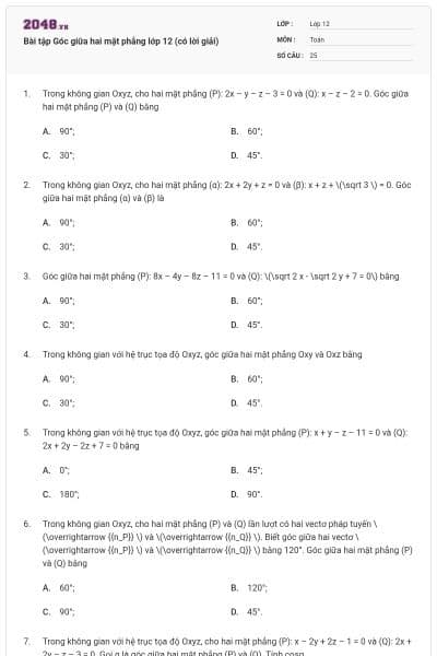 Bài tập Góc giữa hai mặt phẳng lớp 12 (có lời giải)