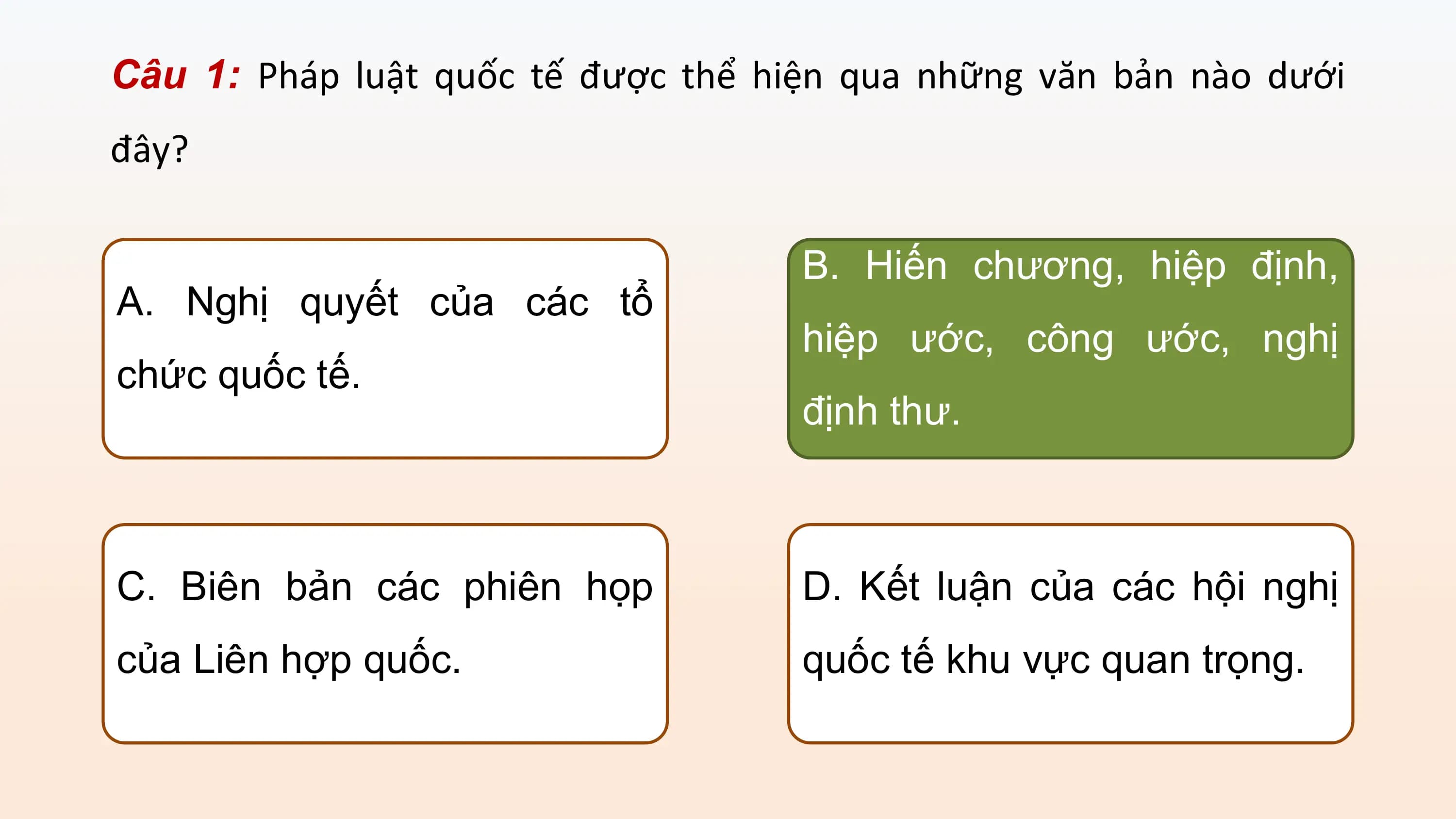 Câu 1: Pháp luật quốc tế được thể hiện qua những văn bản nào dưới
đây?

 B. Hiến chương, hiệp định,
A. Nghị quyết của các tổ
 hiệp ước, công ước, nghị
chức quốc tế.
 định thư.

C. Biên bản các phiên họp D. Kết luận của các hội nghị
của Liên hợp quốc. quốc tế khu vực quan trọng.