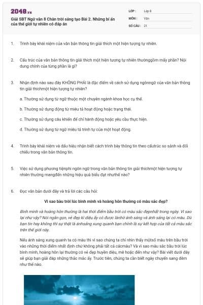 Giải SBT Ngữ văn 8 Chân trời sáng tạo Bài 2. Những bí ẩn của thế giới tự nhiên có đáp án