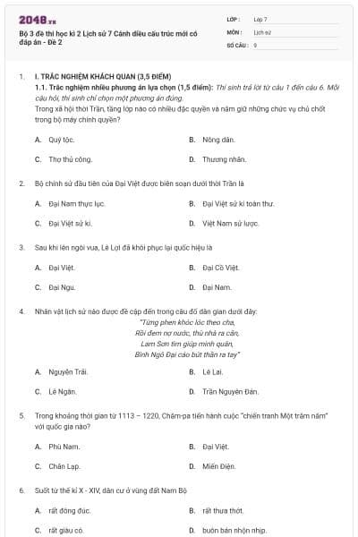 Bộ 3 đề thi học kì 2 Lịch sử 7 Cánh diều cấu trúc mới có đáp án - Đề 2