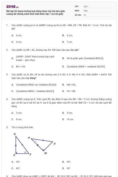 Bài tập Sử dụng trường hợp bằng nhau của hai tam giác vuông để chứng minh tính chất khác lớp 7 (có lời giải)