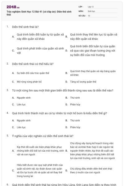 Trắc nghiệm Sinh Học 12 Bài 41 (có đáp án): Diễn thế sinh thái