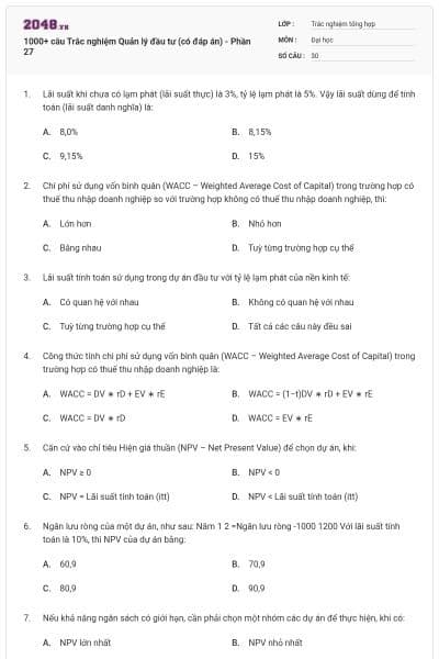 1000+ câu Trắc nghiệm Quản lý đầu tư (có đáp án) - Phần 27