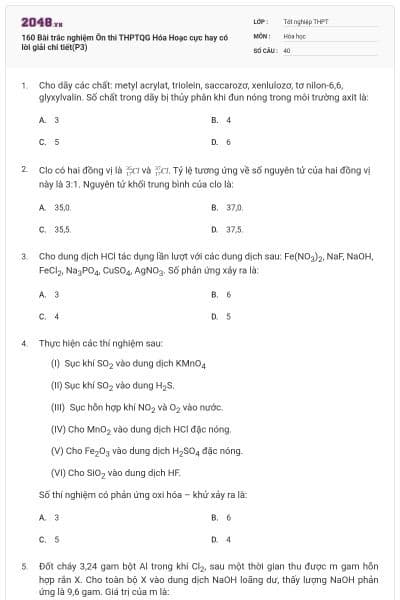 160 Bài trắc nghiệm Ôn thi THPTQG Hóa Hoạc cực hay có lời giải chi tiết(P3)