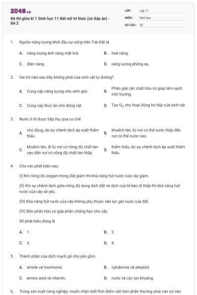 Đề thi giữa kì 1 Sinh học 11 Kết nối tri thức (có đáp án) - Đề 2