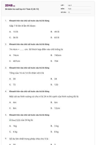 Đề kiểm tra cuối học kì I Toán 3( đề 13)