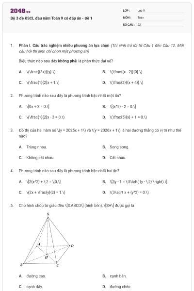 Bộ 3 đề KSCL đầu năm Toán 9 có đáp án - Đề 1