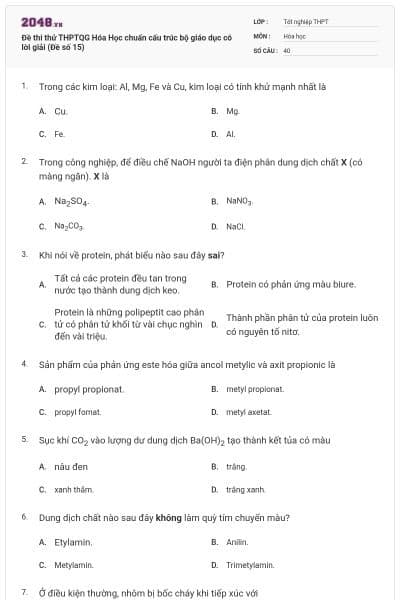 Đề thi thử THPTQG Hóa Học chuẩn cấu trúc bộ giáo dục có lời giải (Đề số 15)