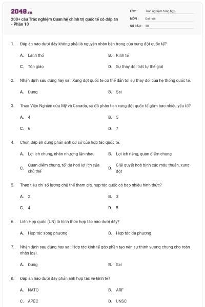200+ câu Trắc nghiệm Quan hệ chính trị quốc tế có đáp án - Phần 10