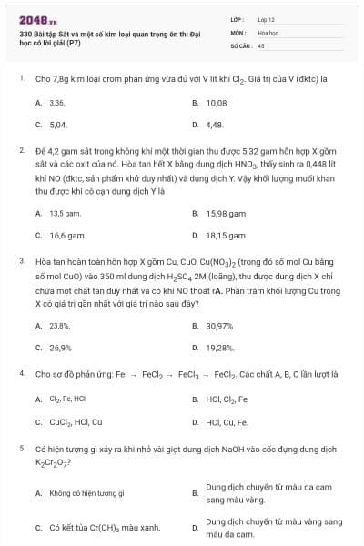 330 Bài tập Sắt và một số kim loại quan trọng ôn thi Đại học có lời giải (P7)