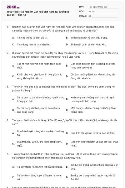 1000+ câu Trắc nghiệm Văn hóa Việt Nam đại cương có đáp án - Phần 43