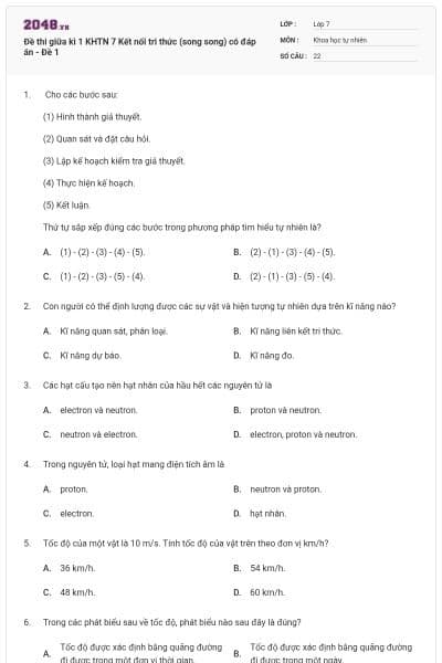 Đề thi giữa kì 1 KHTN 7 Kết nối tri thức (song song) có đáp án - Đề 1