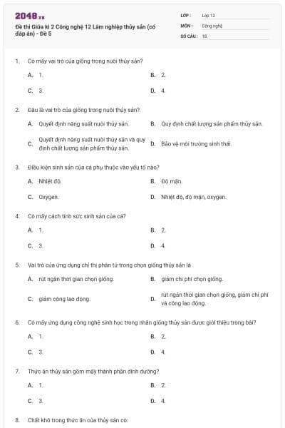Đề thi Giữa kì 2 Công nghệ 12 Lâm nghiệp thủy sản (có đáp án) - Đề 5
