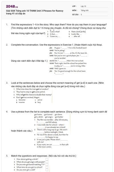 Giải SGK Tiếng anh 10 THiNK Unit 3 Phrases for fluency trang 41 có đáp án