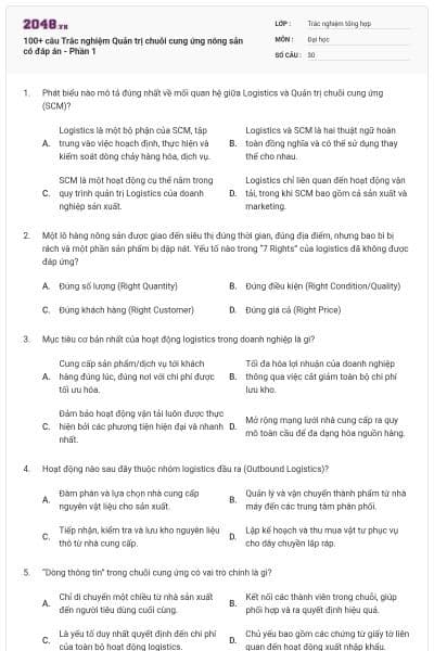100+ câu Trắc nghiệm Quản trị chuỗi cung ứng nông sản có đáp án - Phần 1
