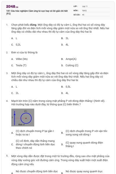 181 Câu trắc nghiệm Cảm ứng từ cực hay có lời giải chi tiết (P2)