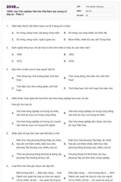 1000+ câu Trắc nghiệm Văn hóa Việt Nam đại cương có đáp án - Phần 2