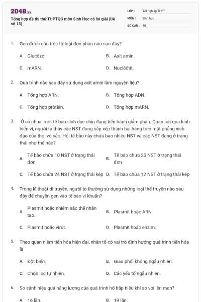 Tổng hợp đề thi thử THPTQG môn Sinh Học có lời giải (Đề số 13)