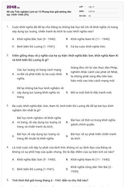 86 câu  Trắc nghiệm Lịch sử 12 Phong trào giải phóng dân tộc 1939-1945 (P2)
