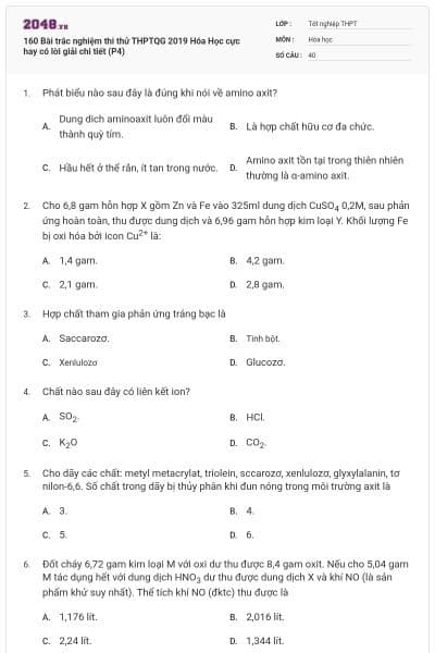 160 Bài trắc nghiệm thi thử THPTQG 2019 Hóa Học cực hay có lời giải chi tiết (P4)