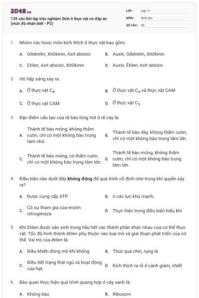 135 câu Bài tập trắc nghiệm Sinh lí thực vật có đáp án (mức độ nhận biết - P2)