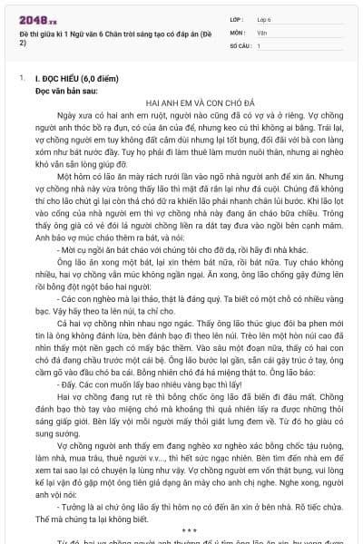Đề thi giữa kì 1 Ngữ văn 6 Chân trời sáng tạo có đáp án (Đề 2)