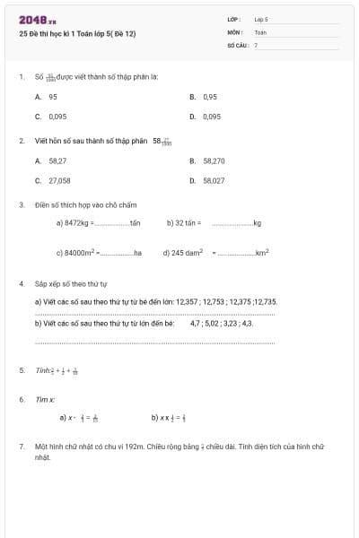 25 Đề thi học kì 1 Toán lớp 5( Đề 12)