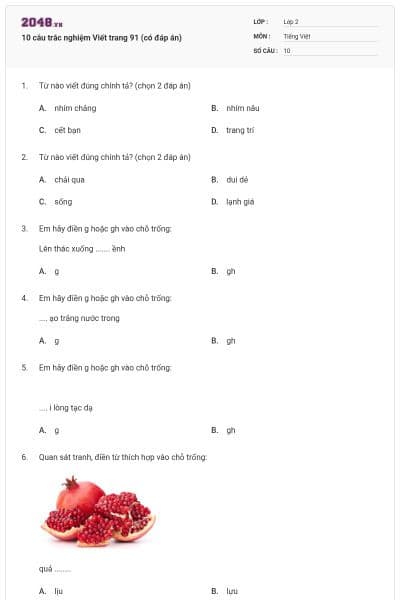 10 câu trắc nghiệm Viết trang 91 (có đáp án)