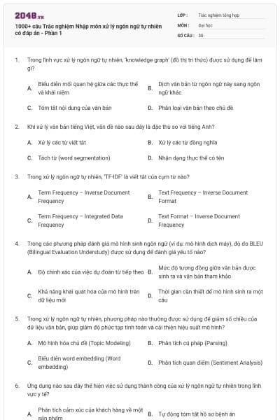 1000+ câu Trắc nghiệm Nhập môn xử lý ngôn ngữ tự nhiên có đáp án - Phần 1