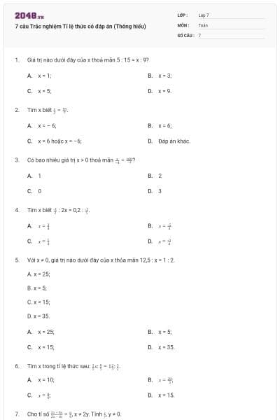 7 câu Trắc nghiệm Tỉ lệ thức có đáp án (Thông hiểu)