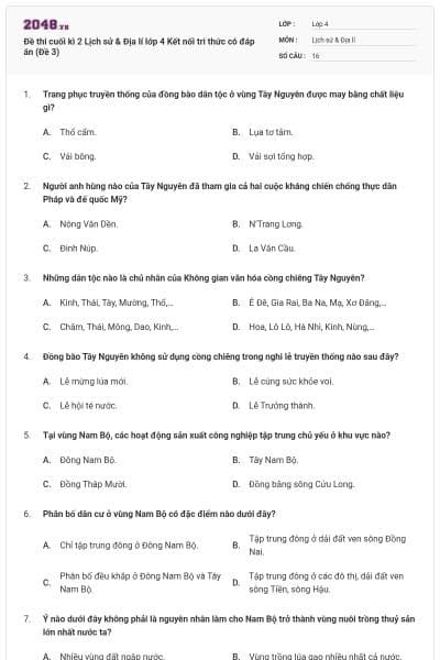 Đề thi cuối kì 2 Lịch sử & Địa lí lớp 4 Kết nối tri thức có đáp án (Đề 3)