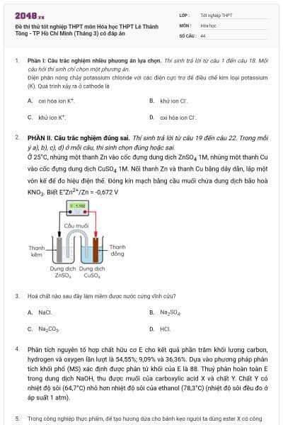 Đề thi thử tốt nghiệp THPT môn Hóa học THPT Lê Thánh Tông - TP Hồ Chí Minh (Tháng 3) có đáp án