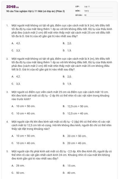 90 câu Trắc nghiệm Vật Lí 11 Mắt (có đáp án) (Phần 3)