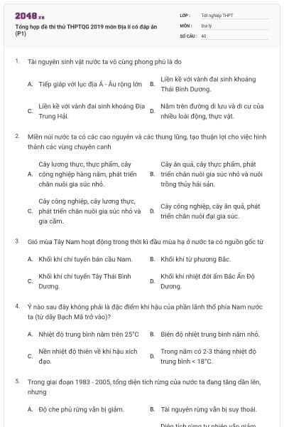 Tổng hợp đề thi thử THPTQG 2019 môn Địa lí có đáp án (P1)