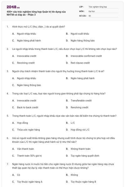 400+ câu trắc nghiệm tổng hợp Quản trị tín dụng của NHTM có đáp án - Phần 3