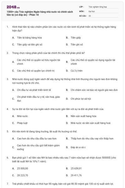 1000+ câu Trắc nghiệm Ngân hàng nhà nước và chính sách tiền tệ (có đáp án) - Phần 18