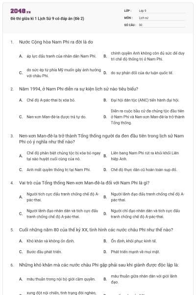 Đề thi giữa kì 1 Lịch Sử 9 có đáp án (Đề 2)