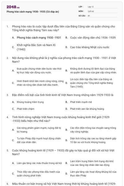 Phong trào cách mạng 1930- 1935 (Có đáp án)