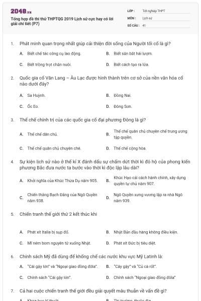 Tổng hợp đề thi thử THPTQG 2019 Lịch sử cực hay có lời giải chi tiết (P7)