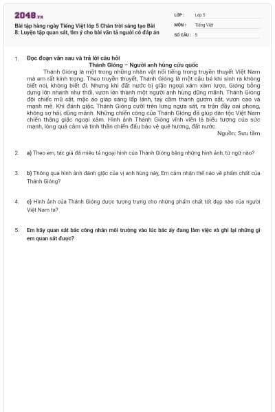 Bài tập hàng ngày Tiếng Việt lớp 5 Chân trời sáng tạo Bài 8: Luyện tập quan sát, tìm ý cho bài văn tả người có đáp án